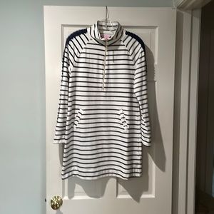 Lilly Pulitzer size M, zip-front, cream casual dress w/navy stripes, pockets.
